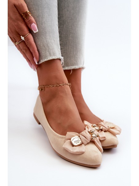 Women's Eco Suede Ballerina Flats with Bow and Brooch in Light Beige Satris
