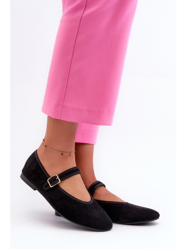 Black Eco-Suede Ballerina Flats with Buckle Anlofi