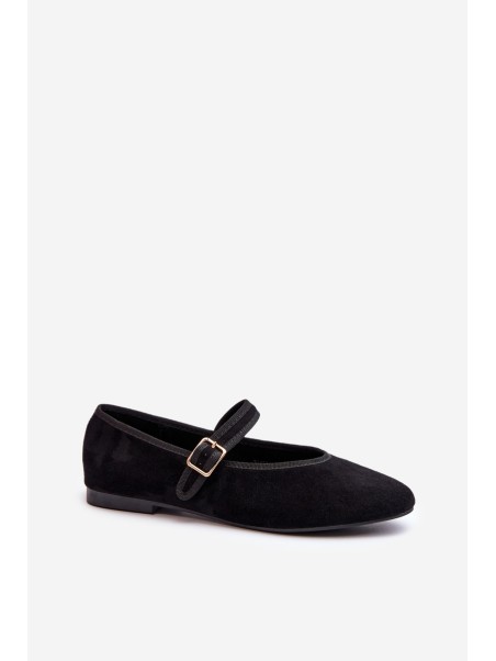 Black Eco-Suede Ballerina Flats with Buckle Anlofi