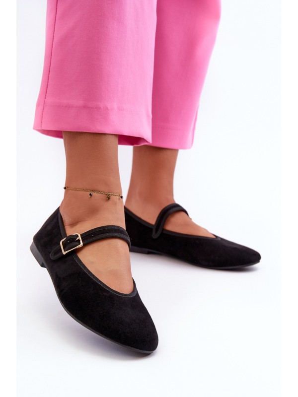 Black Eco-Suede Ballerina Flats with Buckle Anlofi