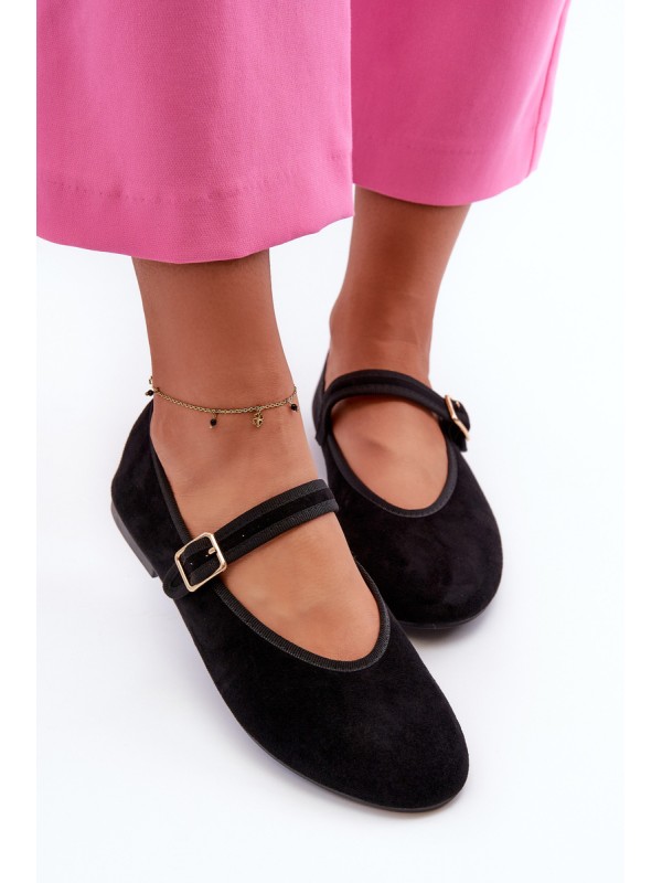 Black Eco-Suede Ballerina Flats with Buckle Anlofi