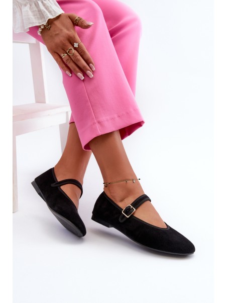 Black Eco-Suede Ballerina Flats with Buckle Anlofi
