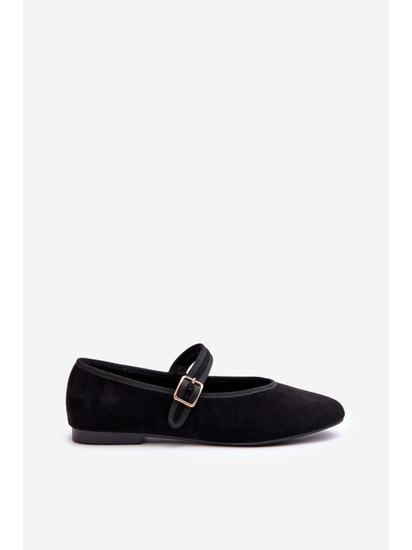 Black Eco-Suede Ballerina Flats with Buckle Anlofi