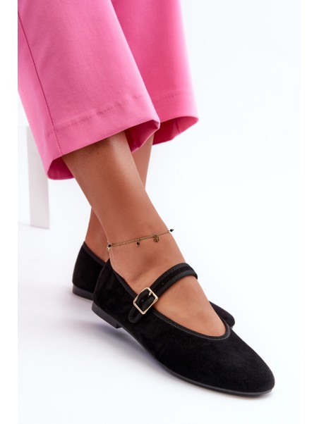 Black Eco-Suede Ballerina Flats with Buckle Anlofi