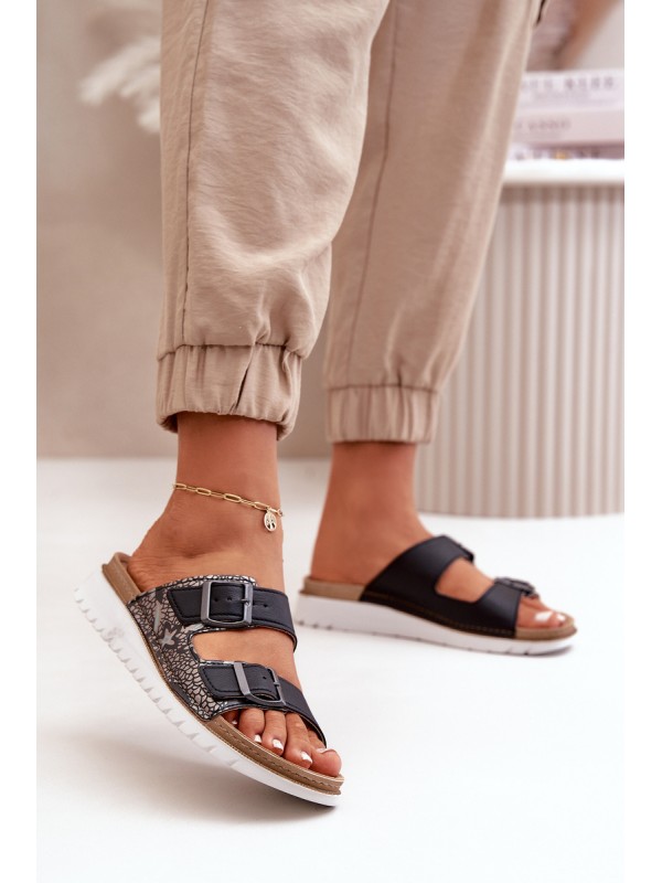 Women's Comfortable Slippers With Buckles Black Inblu CN000033