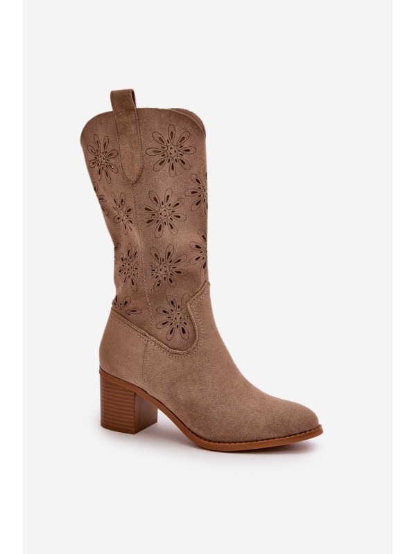 Women's Perforated Knee-High Boots Made Of Eco Suede Beige Nevilos