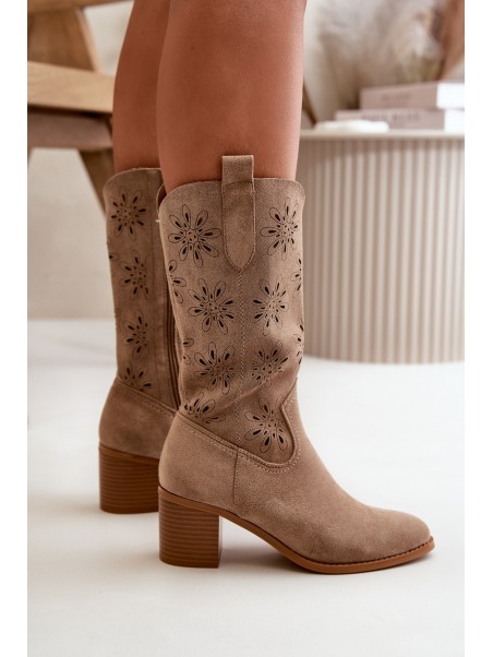 Women's Perforated Knee-High Boots Made Of Eco Suede Beige Nevilos
