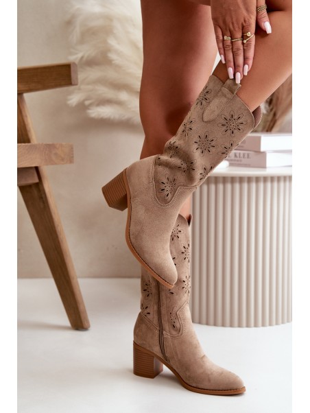 Women's Perforated Knee-High Boots Made Of Eco Suede Beige Nevilos