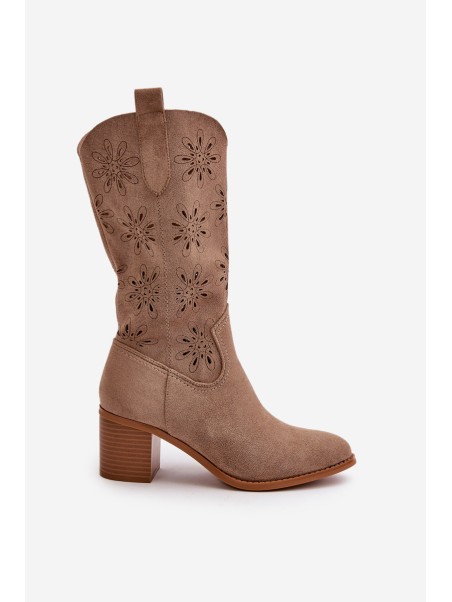 Women's Perforated Knee-High Boots Made Of Eco Suede Beige Nevilos