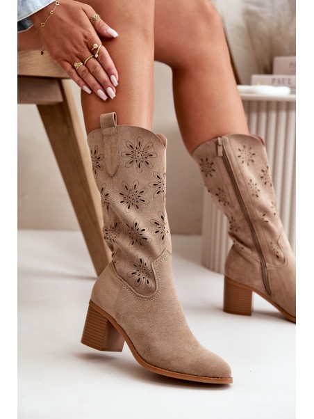 Women's Perforated Knee-High Boots Made Of Eco Suede Beige Nevilos