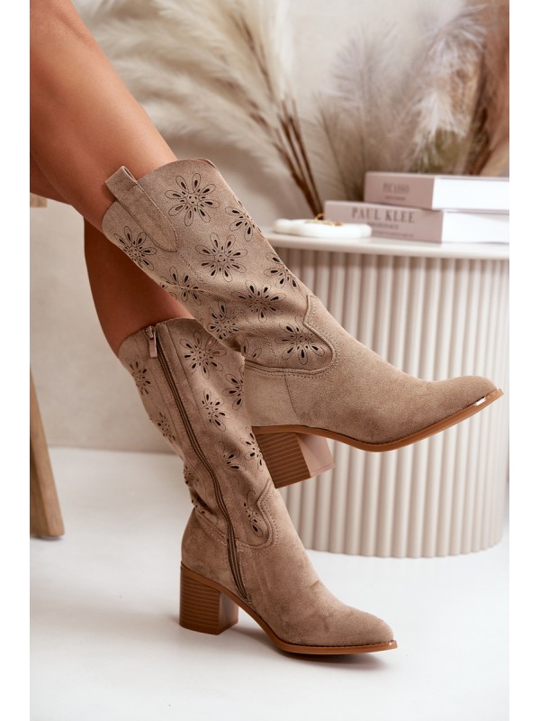 Women's Perforated Knee-High Boots Made Of Eco Suede Beige Nevilos