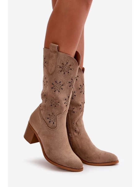 Women's Perforated Knee-High Boots Made Of Eco Suede Beige Nevilos