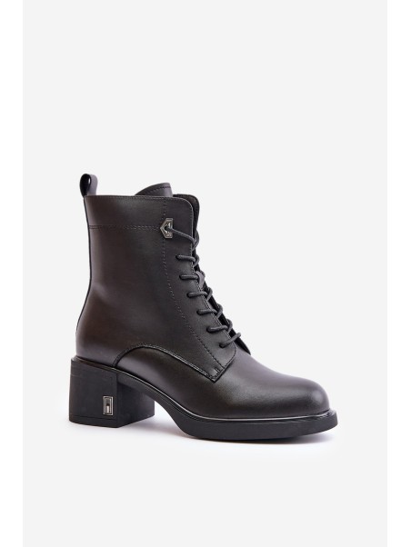Lace Up Women's Heeled Boots Made Of Natural Leather Insulated Black Vinceza 91110