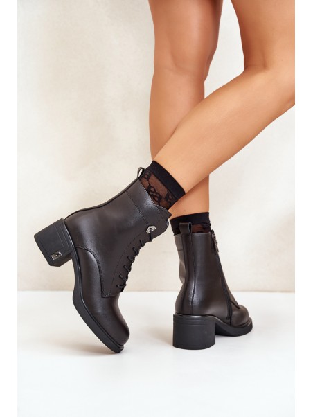 Lace Up Women's Heeled Boots Made Of Natural Leather Insulated Black Vinceza 91110