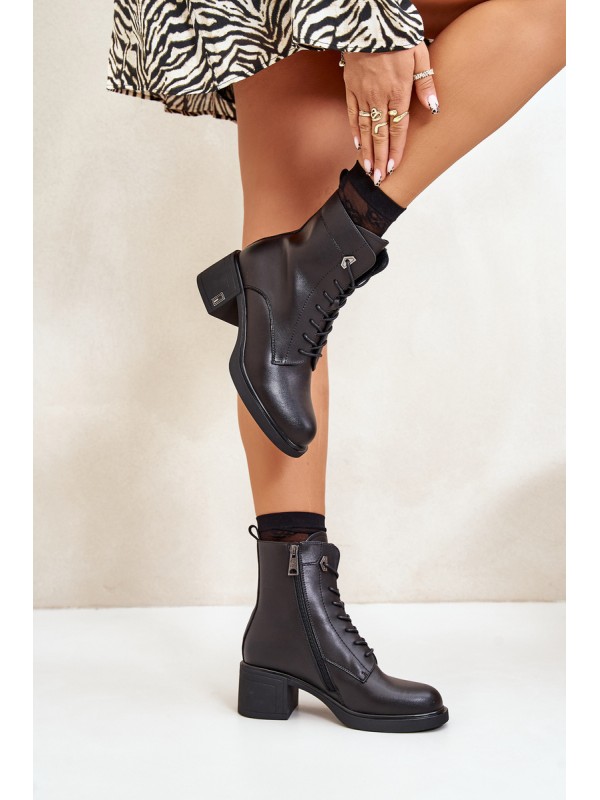 Lace Up Women's Heeled Boots Made Of Natural Leather Insulated Black Vinceza 91110