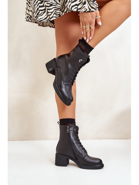 Lace Up Women's Heeled Boots Made Of Natural Leather Insulated Black Vinceza 91110