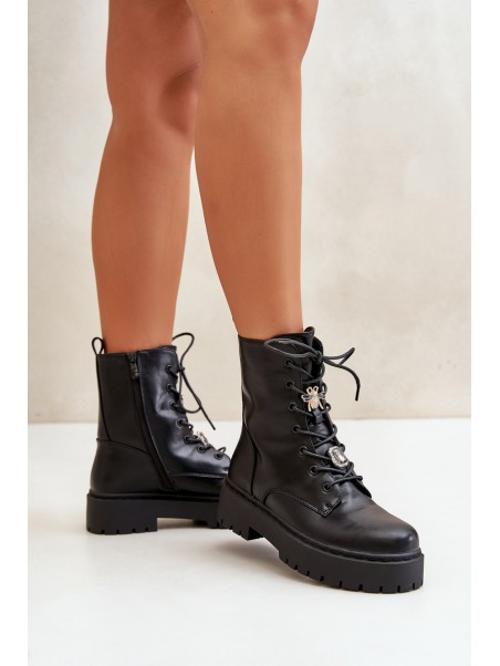 Warm ankle boots workers women's with badges black Avorira
