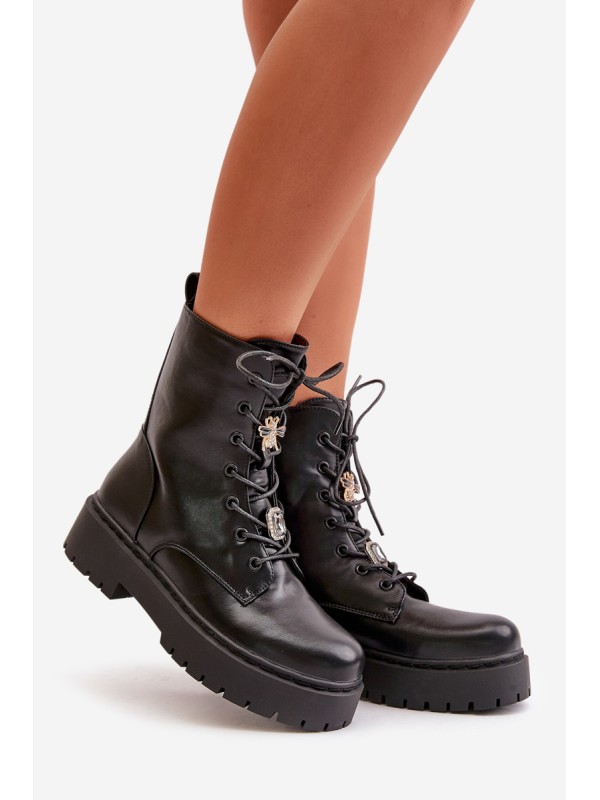 Warm ankle boots workers women's with badges black Avorira