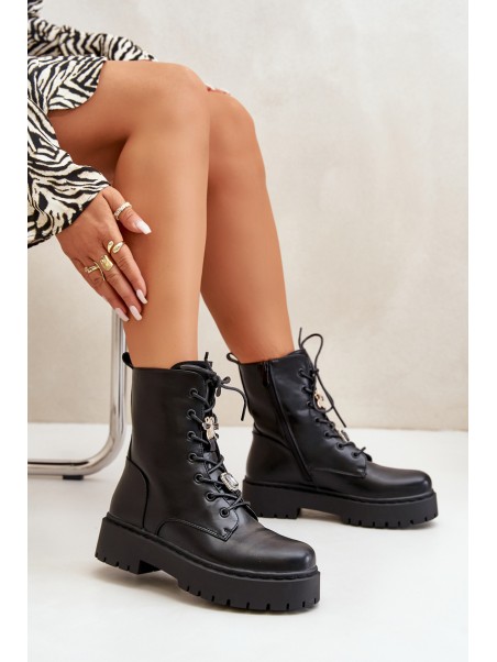 Warm ankle boots workers women's with badges black Avorira