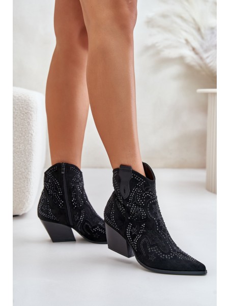 Decorated Cowboy Ankle Boots Black Kaivina