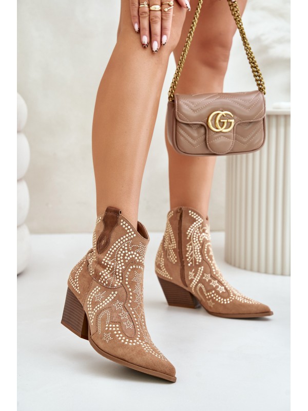 Embellished Cowboy Ankle Boots On Heels Camel Kaivina 2