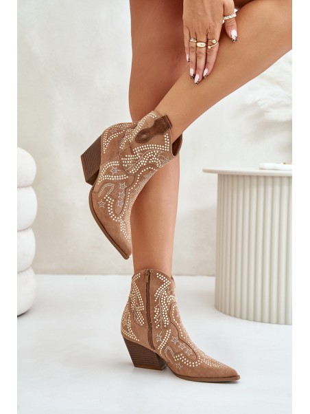 Embellished Cowboy Ankle Boots On Heels Camel Kaivina
