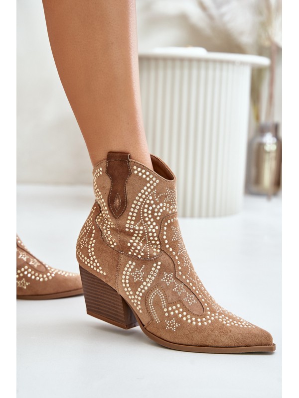 Embellished Cowboy Ankle Boots On Heels Camel Kaivina