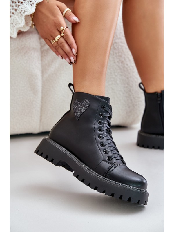 Zip Boots With Decorative Heart Black Obeena
