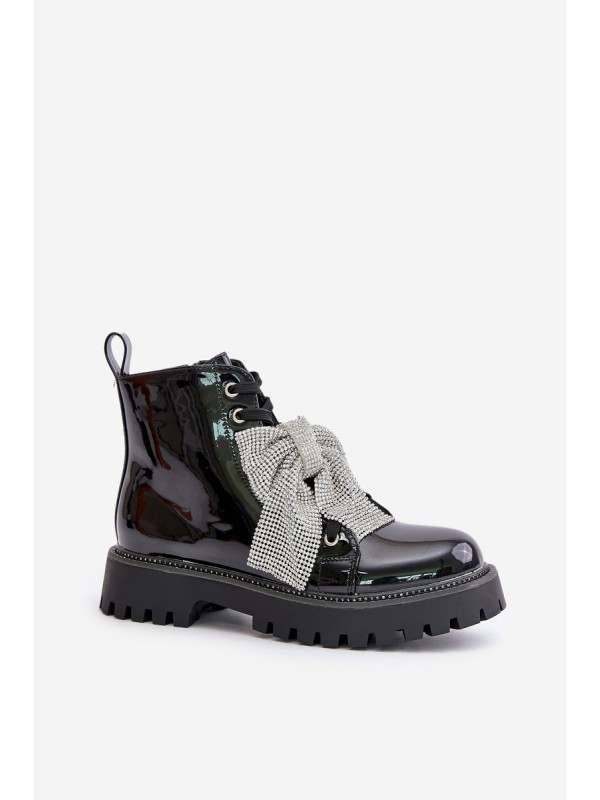 Lacquered Ankle Boots With Zip And Decorative Heart Black Obeena