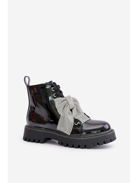 Lacquered Ankle Boots With Zip And Decorative Heart Black Obeena