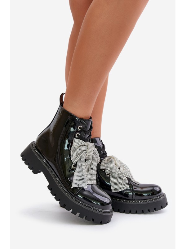Lacquered Ankle Boots With Zip And Decorative Heart Black Obeena