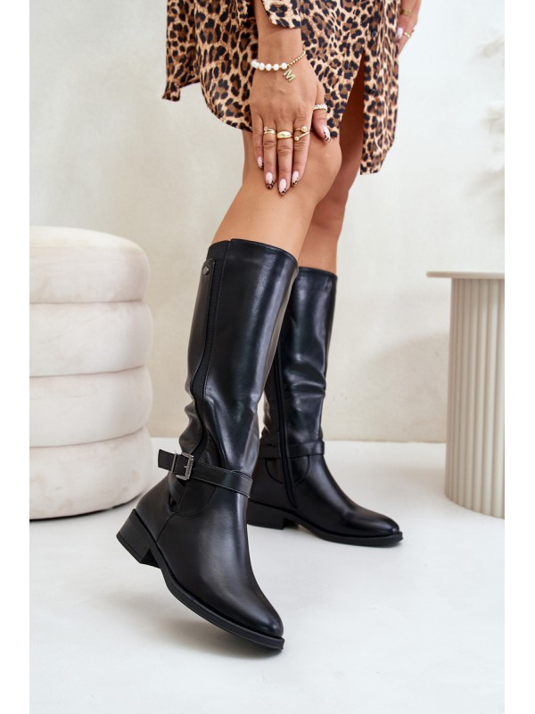 Women's insulated boots on flat heels with gold buckle black Arsisna