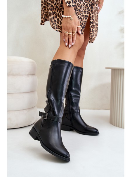 Women's insulated boots on flat heels with gold buckle black Arsisna