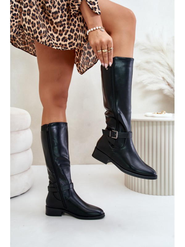 Women's insulated boots on flat heels with gold buckle black Arsisna
