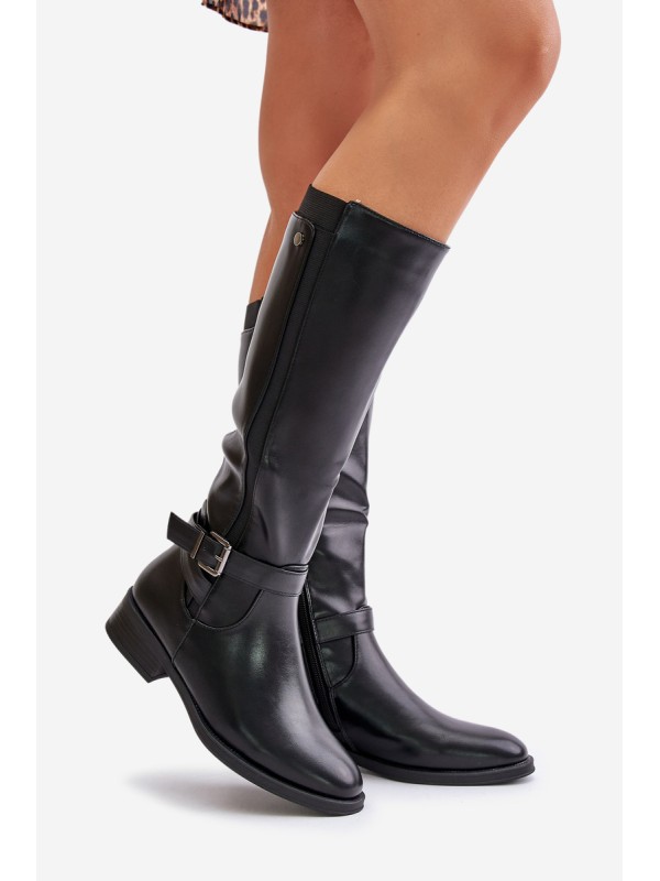 Women's insulated boots on flat heels with gold buckle black Arsisna