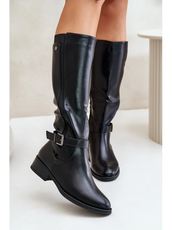 Women's insulated boots on flat heels with gold buckle black Arsisna