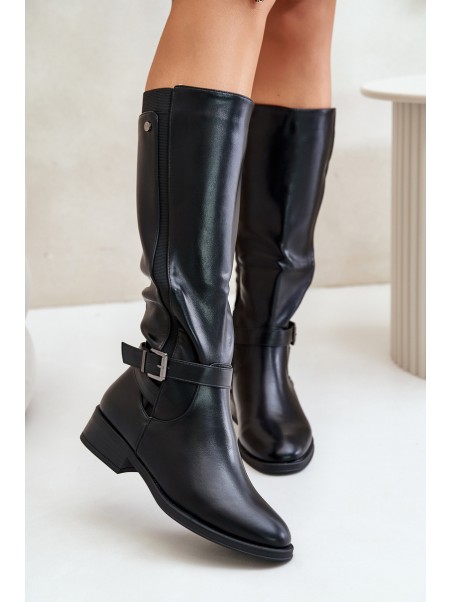 Women's insulated boots on flat heels with gold buckle black Arsisna