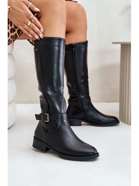 Women's insulated boots on flat heels with gold buckle black Arsisna