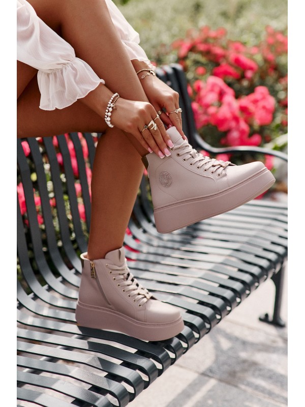 High Women's Leather Sneakers On Platform Vinceza 66707 Beige