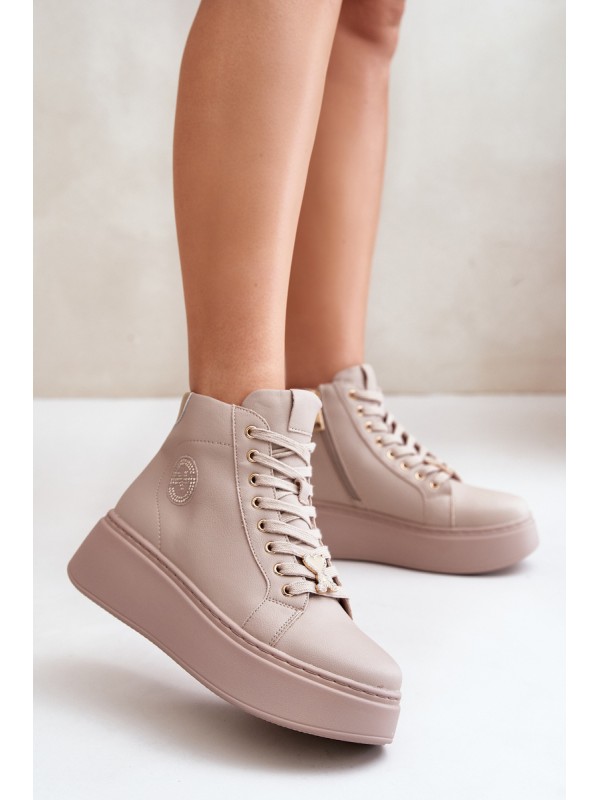 High Women's Leather Sneakers On Platform Vinceza 66707 Beige