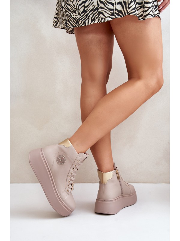 High Women's Leather Sneakers On Platform Vinceza 66707 Beige