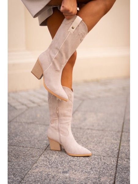 Insulated Cowboy Boots On Heel Eco Suede Beige Hanivin