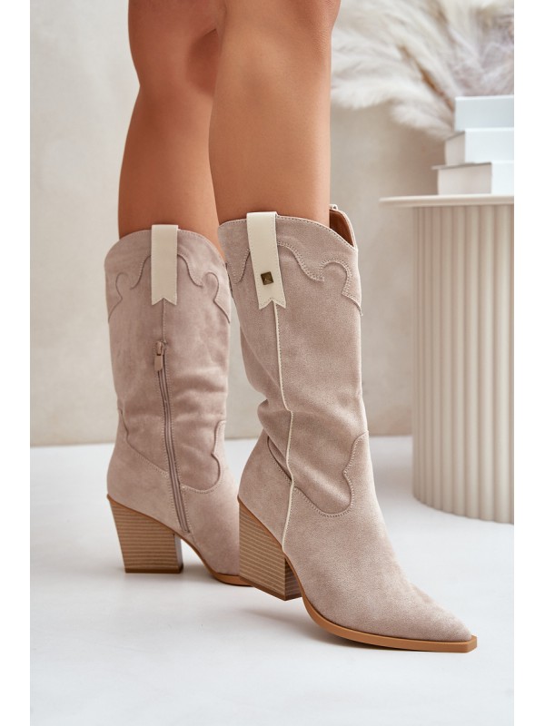 Insulated Cowboy Boots On Heel Eco Suede Beige Hanivin