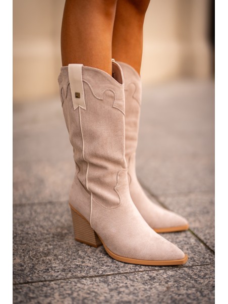 Insulated Cowboy Boots On Heel Eco Suede Beige Hanivin
