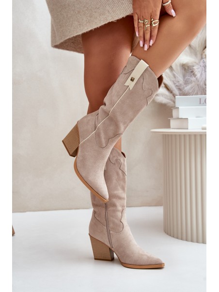 Insulated Cowboy Boots On Heel Eco Suede Beige Hanivin