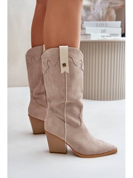 Insulated Cowboy Boots On Heel Eco Suede Beige Hanivin