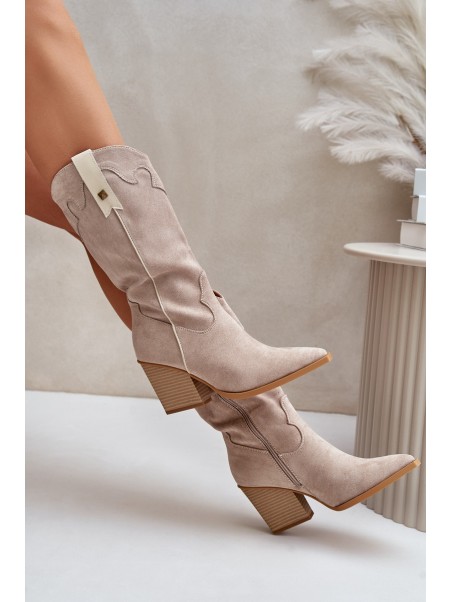 Insulated Cowboy Boots On Heel Eco Suede Beige Hanivin