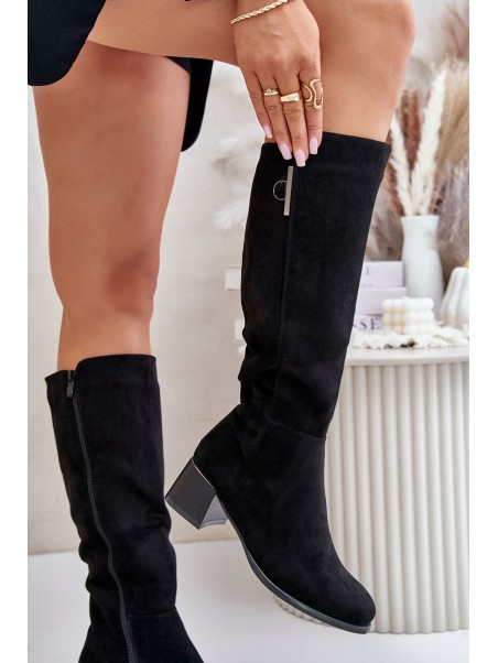 Knee High Heeled Boots Made of Eco Suede Black Izanae