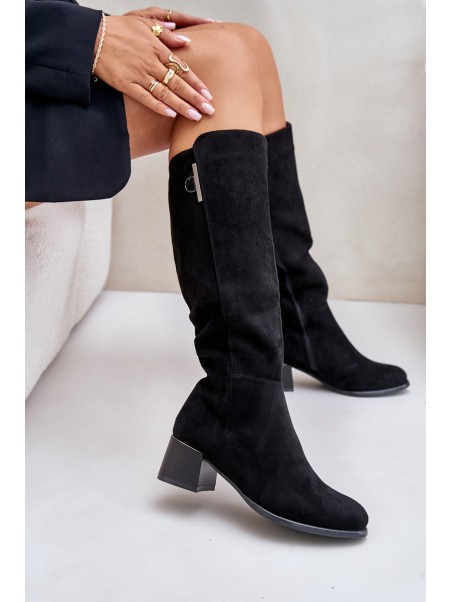 Knee High Heeled Boots Made of Eco Suede Black Izanae