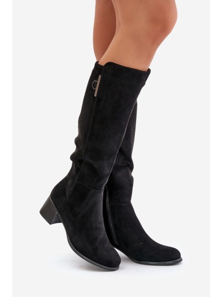 Knee High Heeled Boots Made of Eco Suede Black Izanae